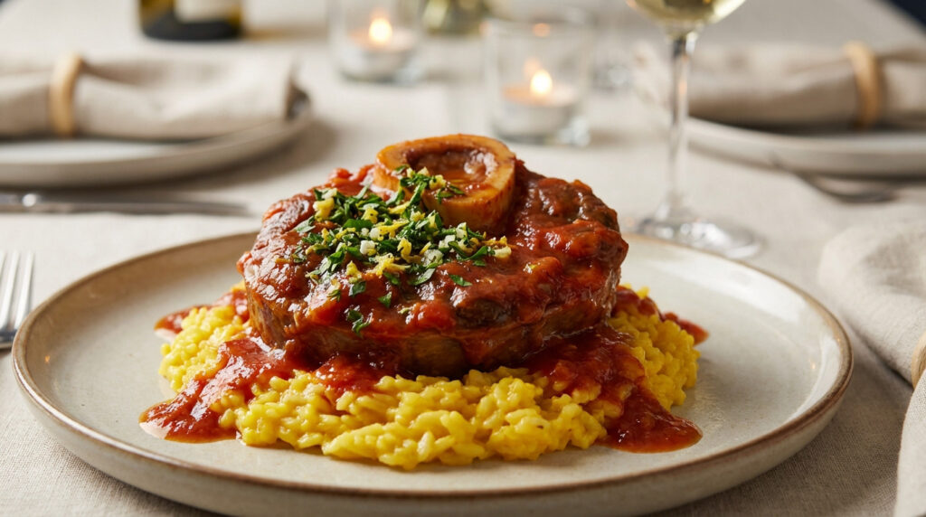 Photo-realistic Osso Buco: tender veal shank with marrow, rich tomato sauce, green gremolata on creamy saffron risotto.