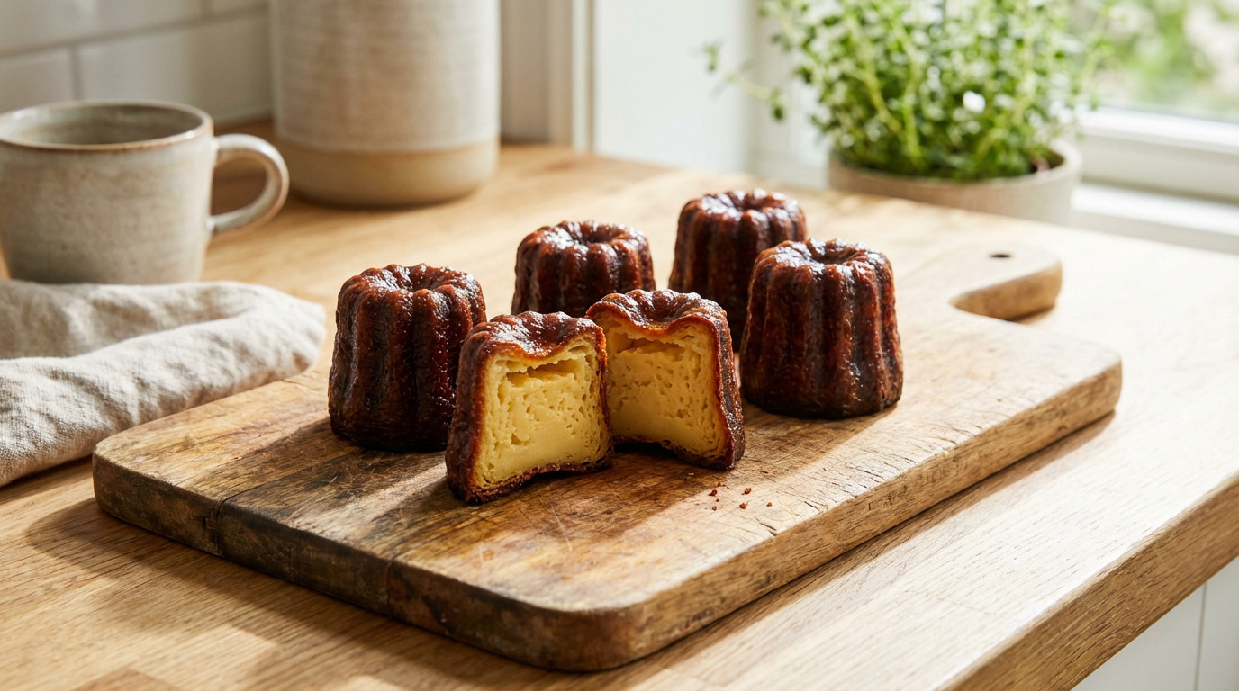 Five Canelés Bordelais on a wooden board. One is cut, showing its custardy interior. Dark, glossy, caramelized exterior. Blurred kitchen background.