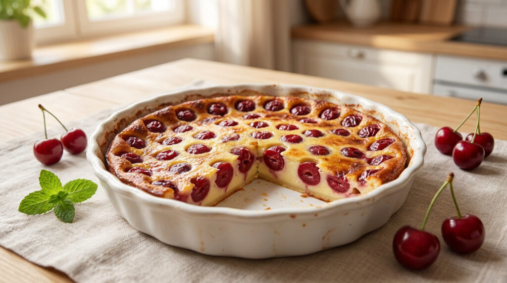 Photorealistic image of golden brown cherry clafoutis in a white ceramic dish, a slice removed revealing creamy interior. Garnished with fresh cherries and mint on a linen cloth in a sunlit kitchen.