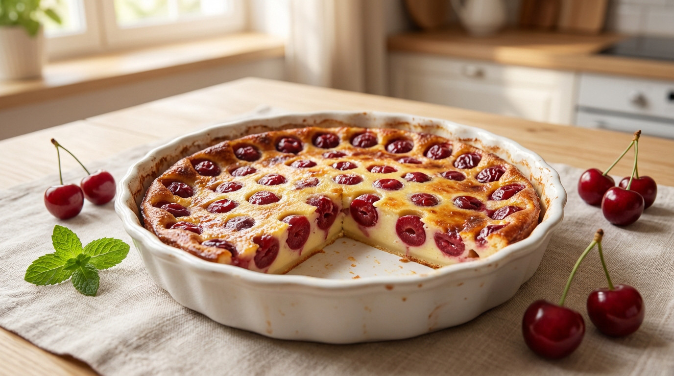 Photorealistic image of golden brown cherry clafoutis in a white ceramic dish, a slice removed revealing creamy interior. Garnished with fresh cherries and mint on a linen cloth in a sunlit kitchen.