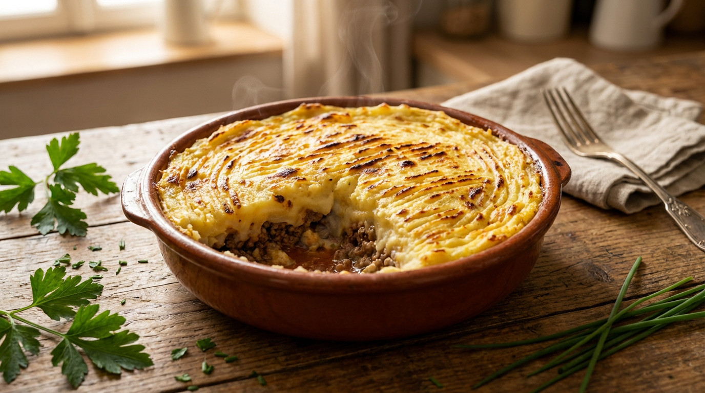 A freshly baked Hachis Parmentier in a rustic gratin dish on a wooden table, with golden potato, visible minced meat, and steam. Garnished with herbs.