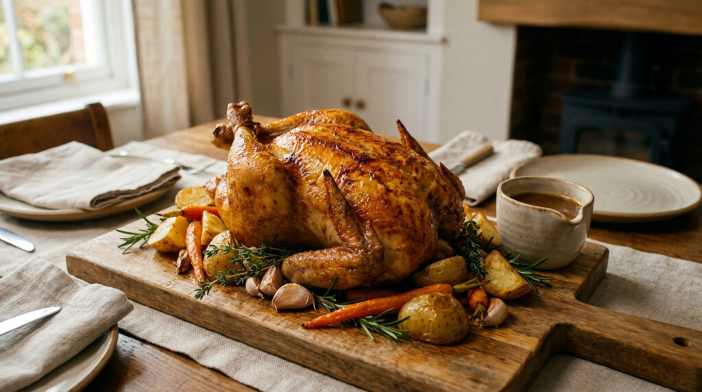Succulent, crispy-skinned roasted chicken on a rustic board with roasted vegetables, herbs, and gravy, in a cozy, naturally lit home.