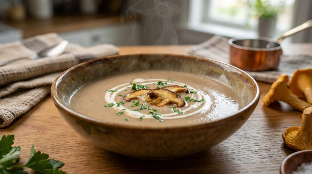 Creamy mushroom velouté soup with cream swirl, herbs, and sautéed mushrooms, steaming in a rustic bowl on a wooden table.