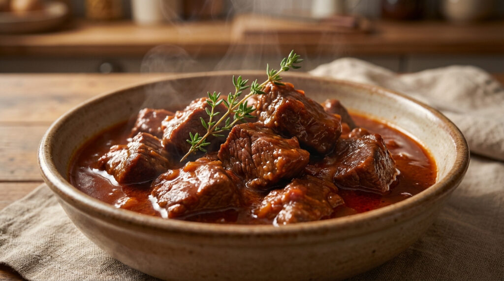 A close-up of steaming Daube Provençale beef stew in a rustic ceramic bowl, garnished with fresh thyme on a wooden table.