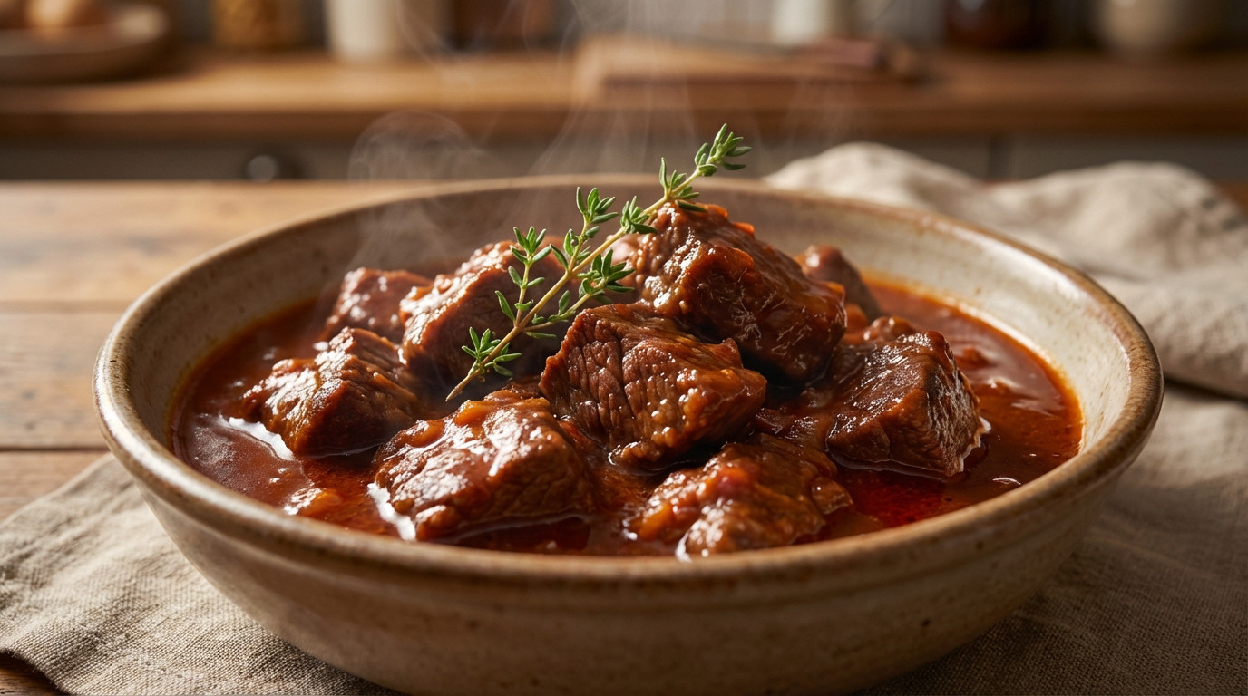 A close-up of steaming Daube Provençale beef stew in a rustic ceramic bowl, garnished with fresh thyme on a wooden table.