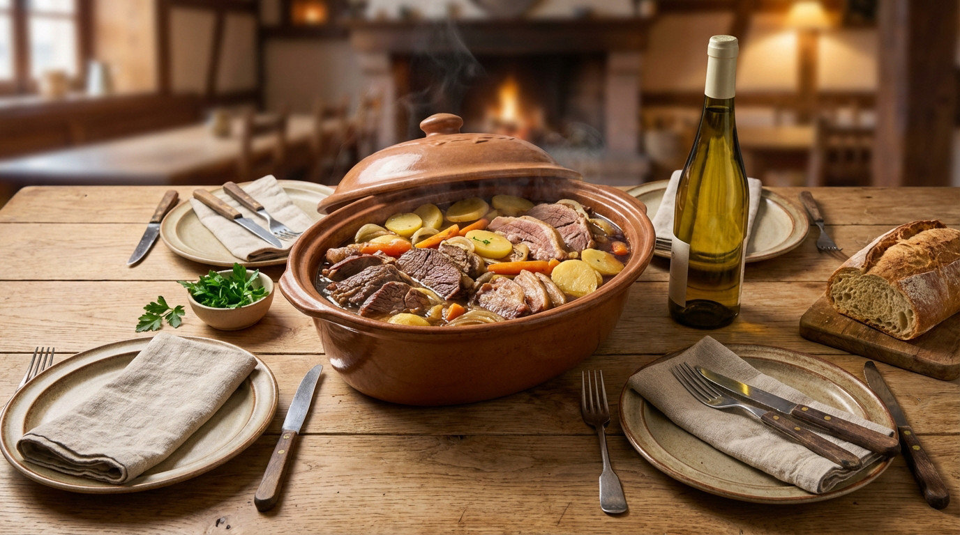Steaming Alsatian Baeckeoffe stew with meats, potatoes, and vegetables in a ceramic terrine on a rustic table, ready to serve.