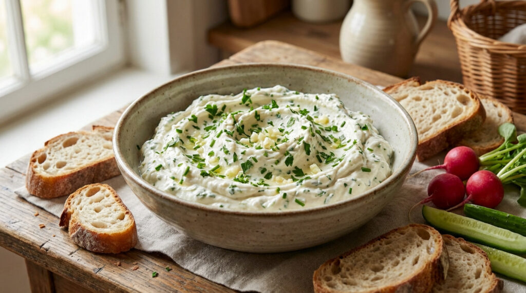 Rustic bowl of creamy Lyonnaise Cervelle de Canut dip with herbs and garlic, served with crusty bread, radishes, and cucumber.