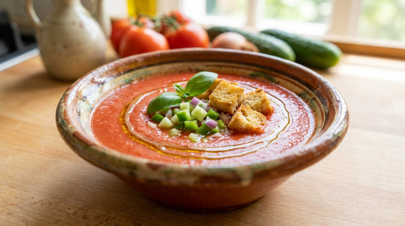 Vibrant red Andalusian gazpacho in a rustic bowl, topped with diced cucumber, pepper, onion, croutons, basil, and olive oil.