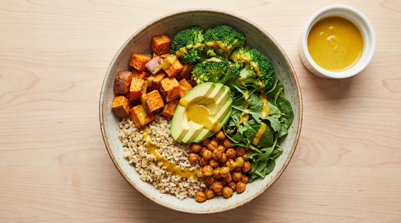 A top-down view of a colorful Buddha bowl with brown rice, sweet potato, broccoli, avocado, chickpeas, and greens, drizzled with dressing. A ramekin of dressing is beside it on a wooden table.