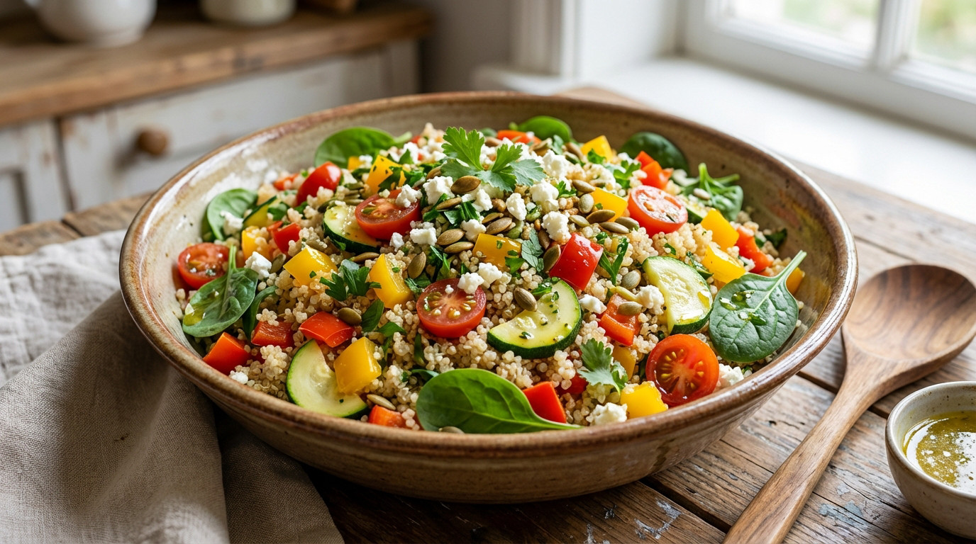 A large, vibrant quinoa salad in a rustic bowl, filled with bell peppers, zucchini, tomatoes, spinach, feta, and seeds on a wooden table.