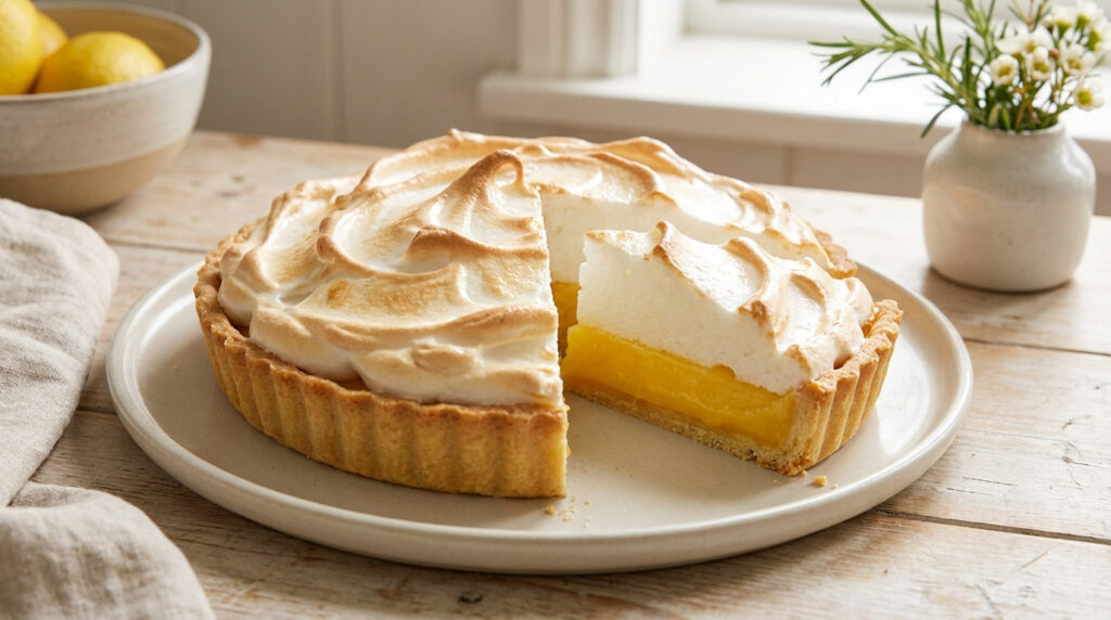 A vibrant lemon meringue pie with golden crust and towering torched meringue, a slice removed revealing yellow curd, on a light plate.