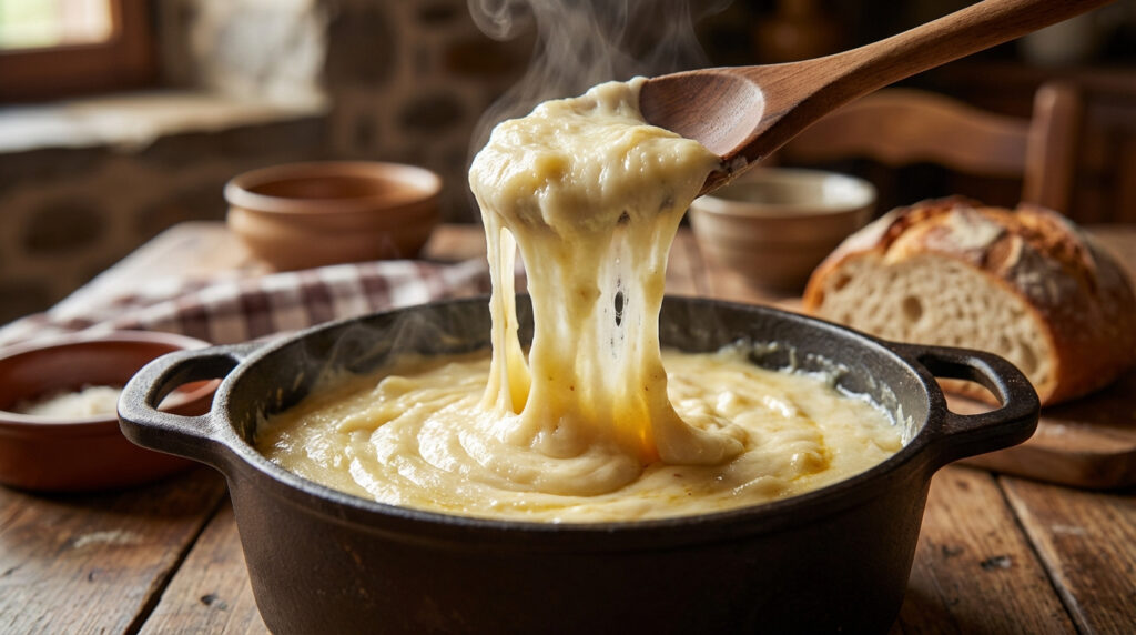 Gros plan sur de l'aligot fumant et filant dans une cocotte en fonte, retiré par une cuillère en bois sur table rustique.