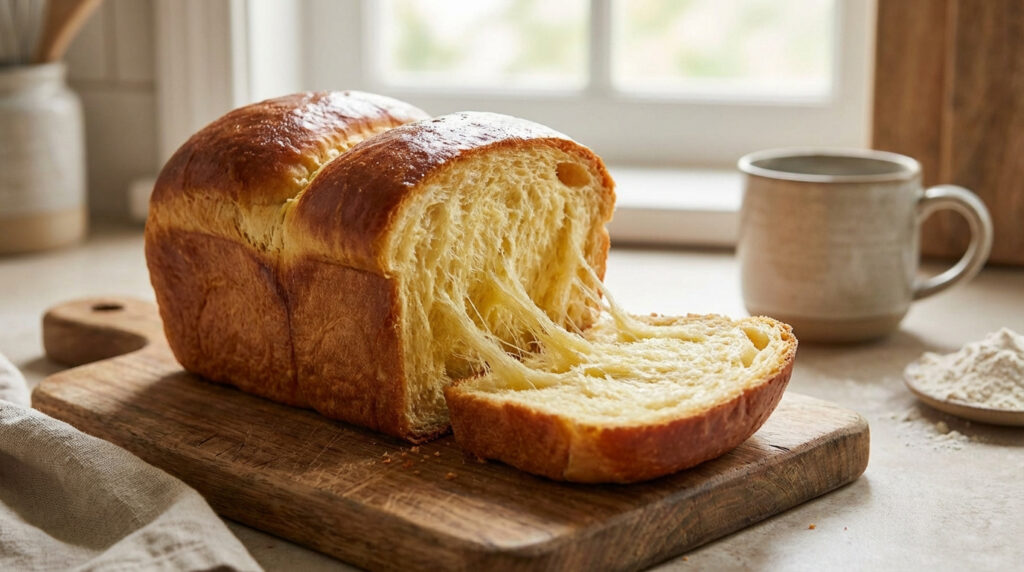 Brioche maison dorée sur une planche en bois, une tranche coupée révèle une mie incroyablement filante. Tasse et farine en arrière-plan.