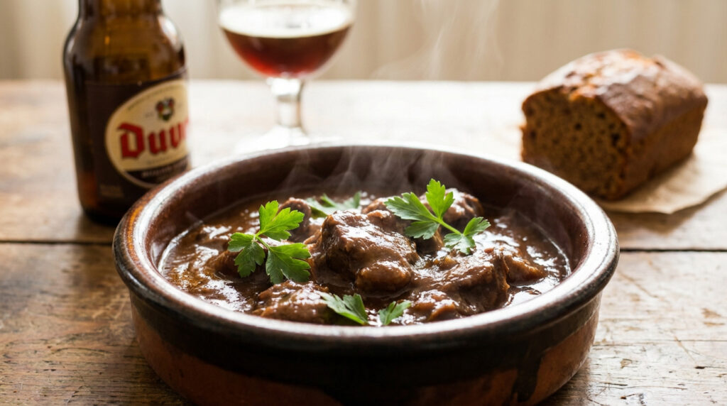 Carbonade flamande fumante avec du persil, accompagnée d'une bière Duvel et d'un pain d'épices sur une table en bois rustique.
