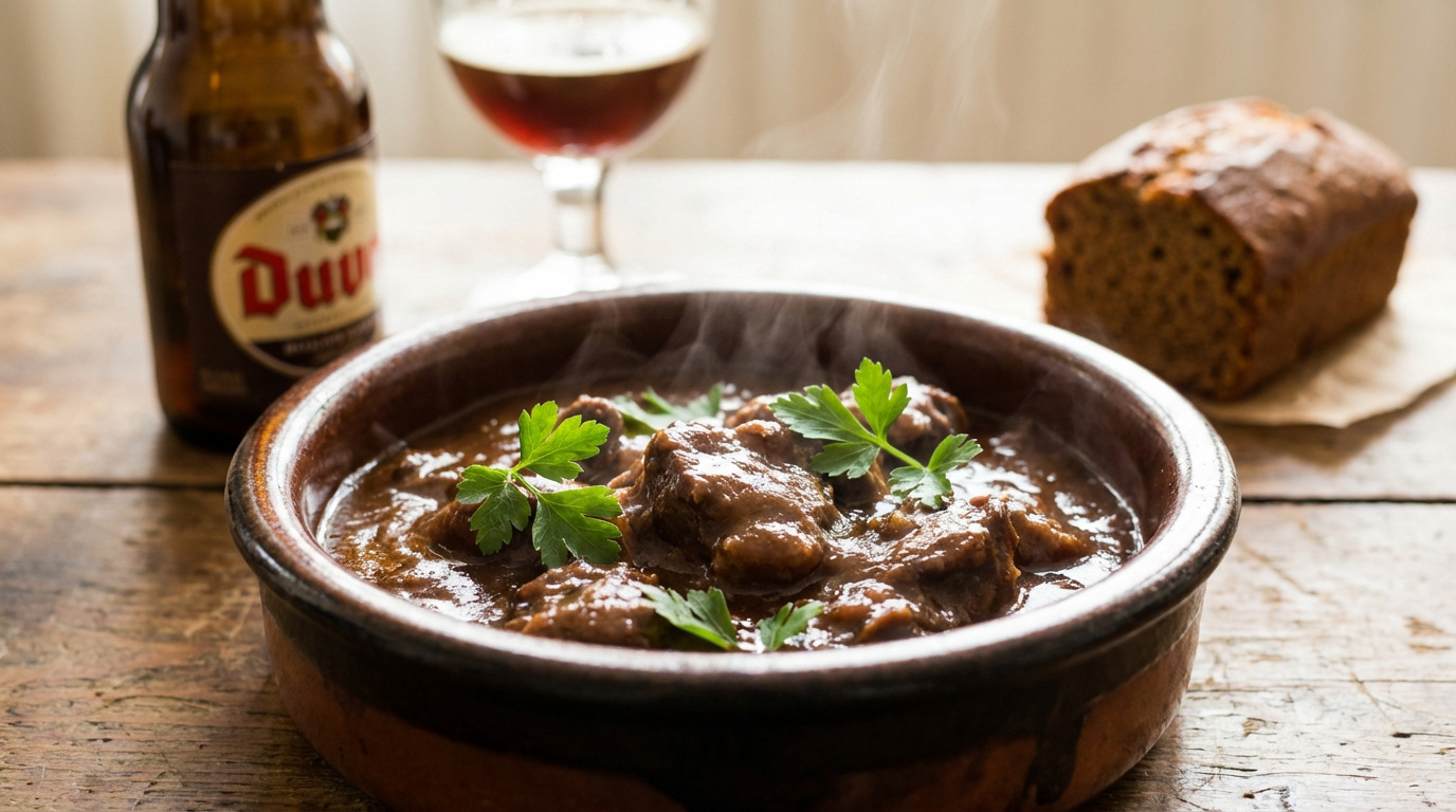 Carbonade flamande fumante avec du persil, accompagnée d'une bière Duvel et d'un pain d'épices sur une table en bois rustique.