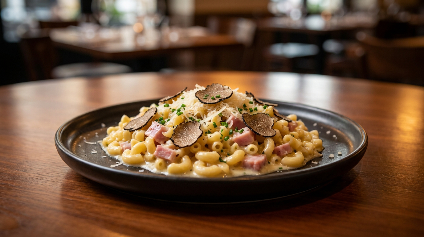 Plat de coquillettes au jambon, sauce crémeuse, parmesan râpé, ciboulette ciselée et généreuses lamelles de truffe noire.