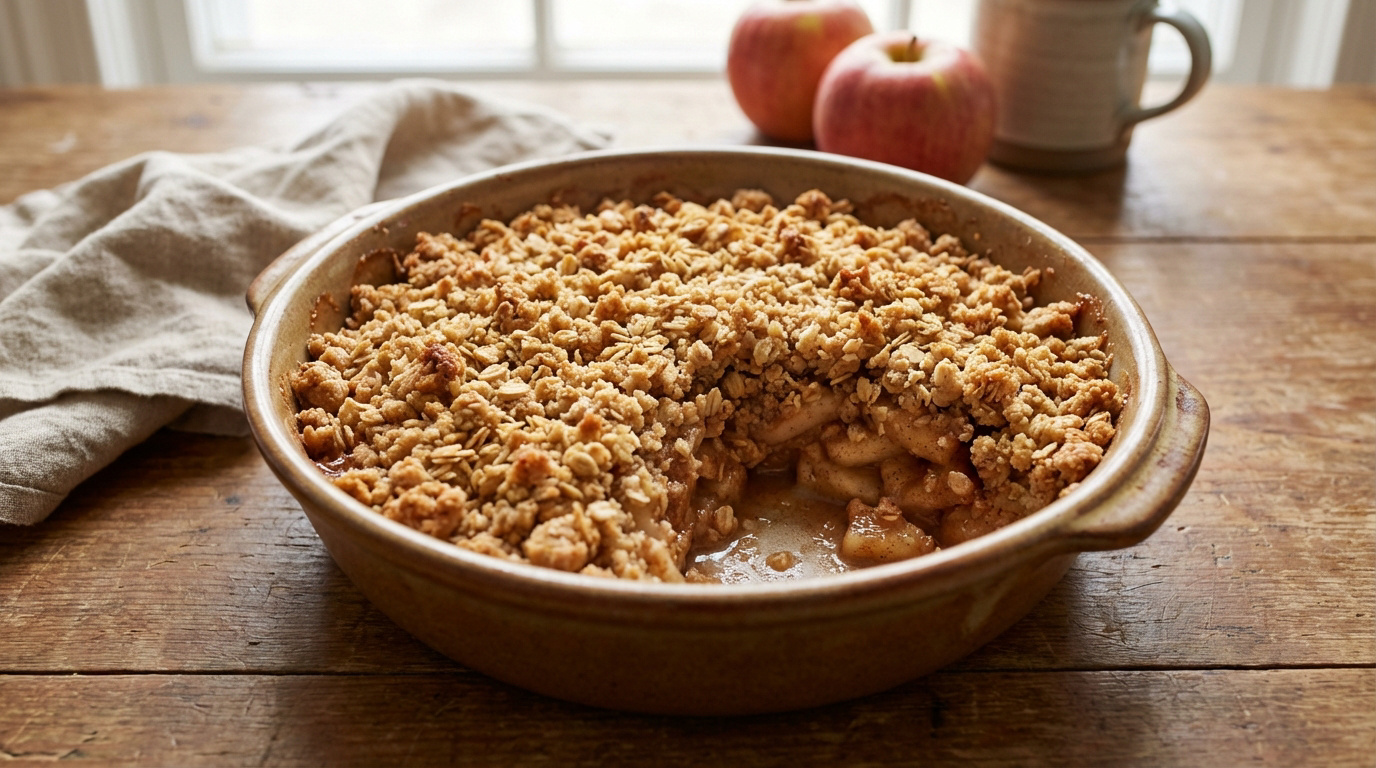 Plat de crumble aux pommes doré avec une portion manquante, posé sur une table en bois rustique. Deux pommes et une tasse en arrière-plan.