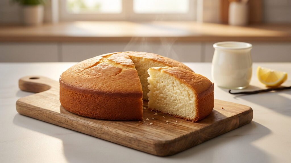Gâteau au yaourt doré, une part coupée révèle l'intérieur moelleux et fumant. Pot de yaourt, citron, vanille sur une planche.