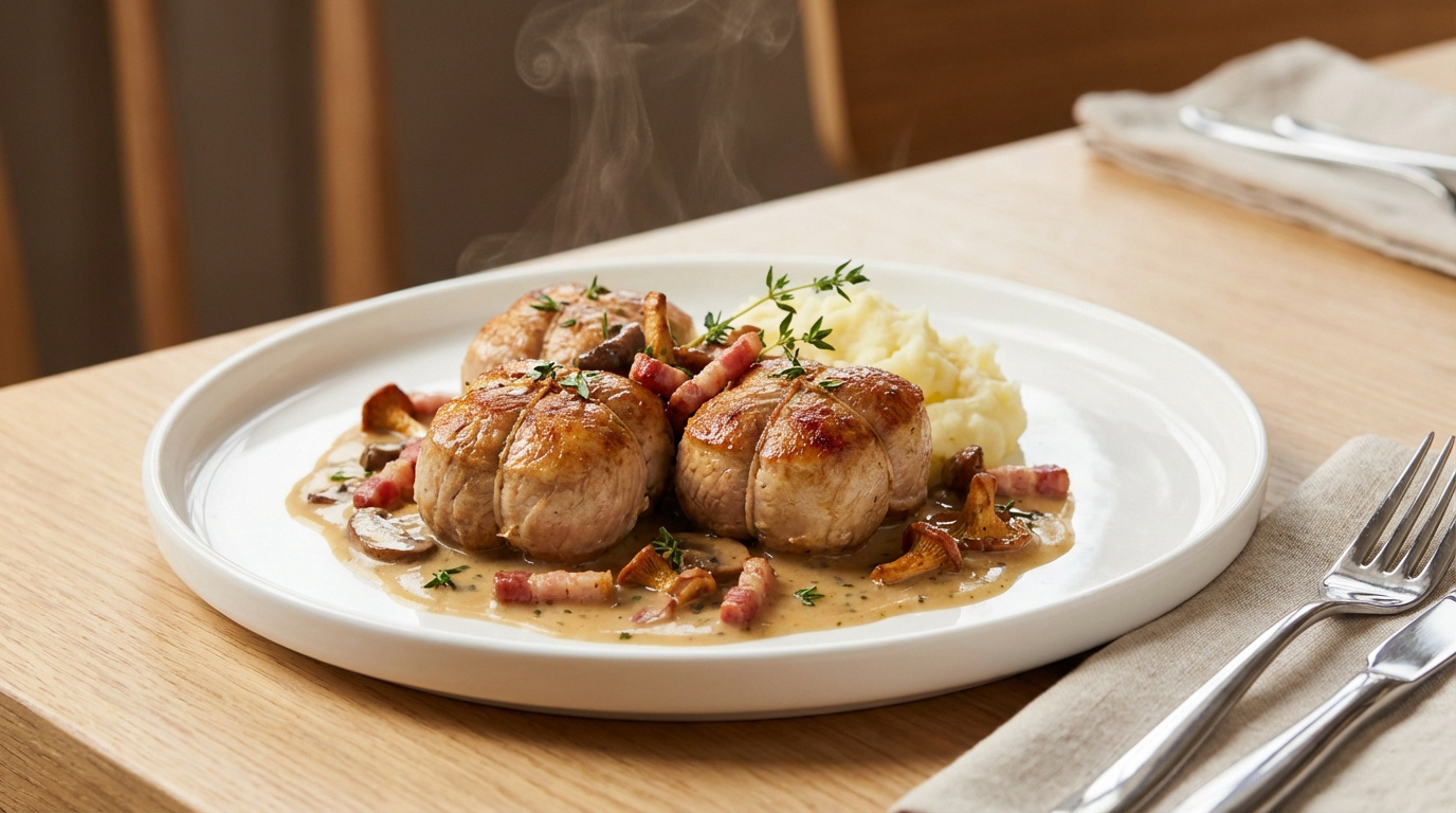 Trois paupiettes de veau fumantes avec purée, sauce crémeuse, champignons et lardons sur une assiette blanche en bois clair.