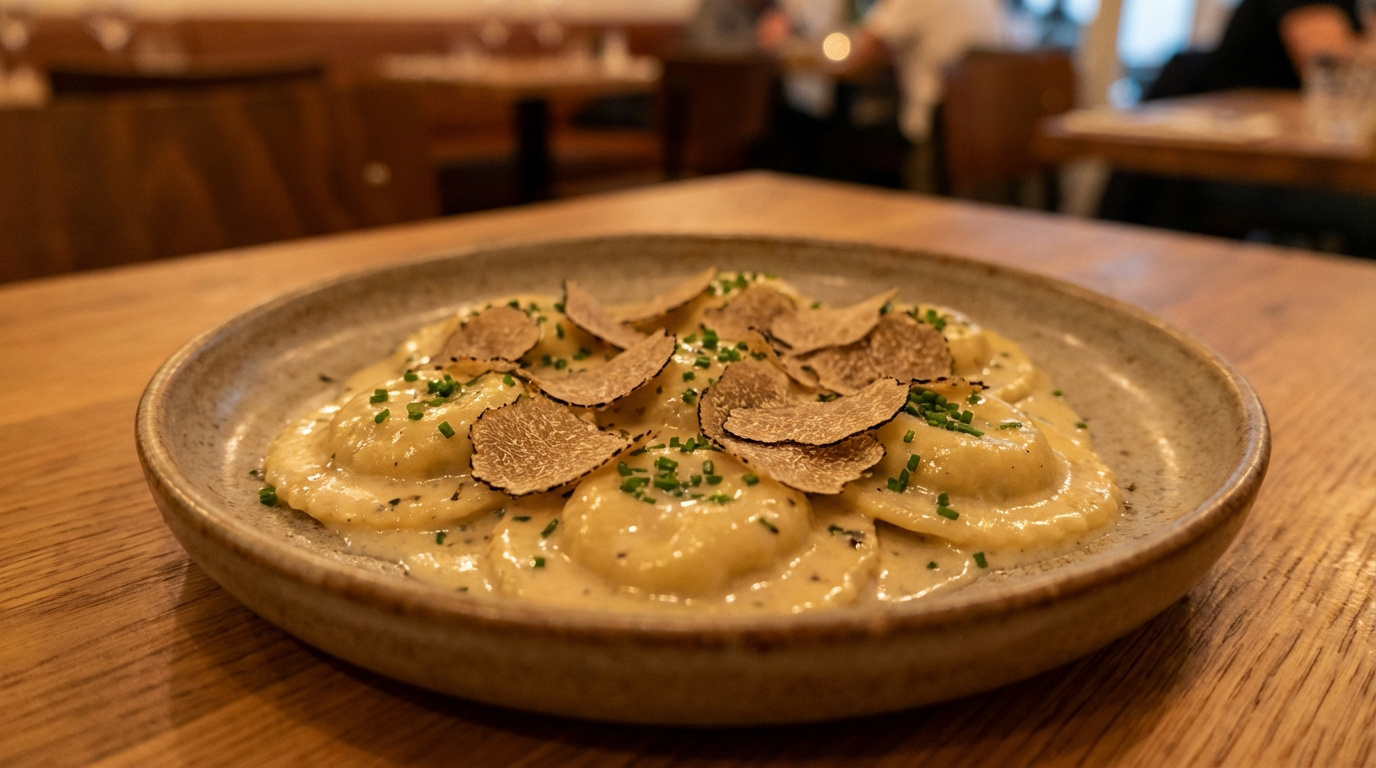 Plat de ravioles baignant dans une sauce crémeuse, richement garni de fines lamelles de truffe noire et de ciboulette, sur table en bois.