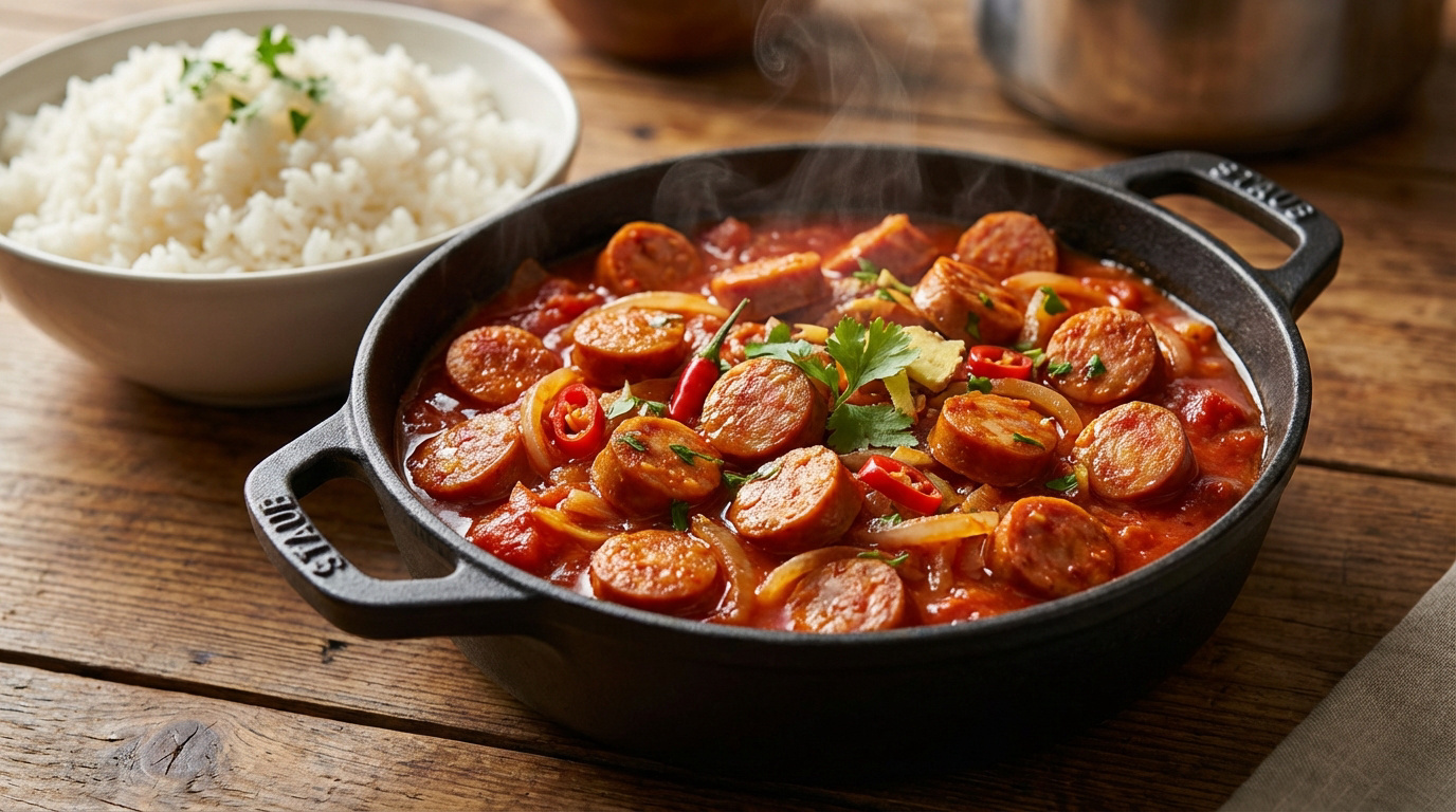 Rougail saucisse chaud avec des saucisses coupées, sauce tomate, oignons et piments rouges dans une cocotte Staub, près d'un bol de riz.