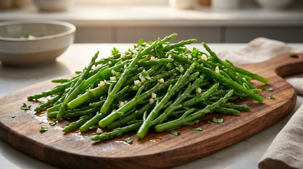 Photo rapprochée de salicorne verte cuite, parsemée d'ail haché et de persil frais, servie sur une planche en bois foncé.