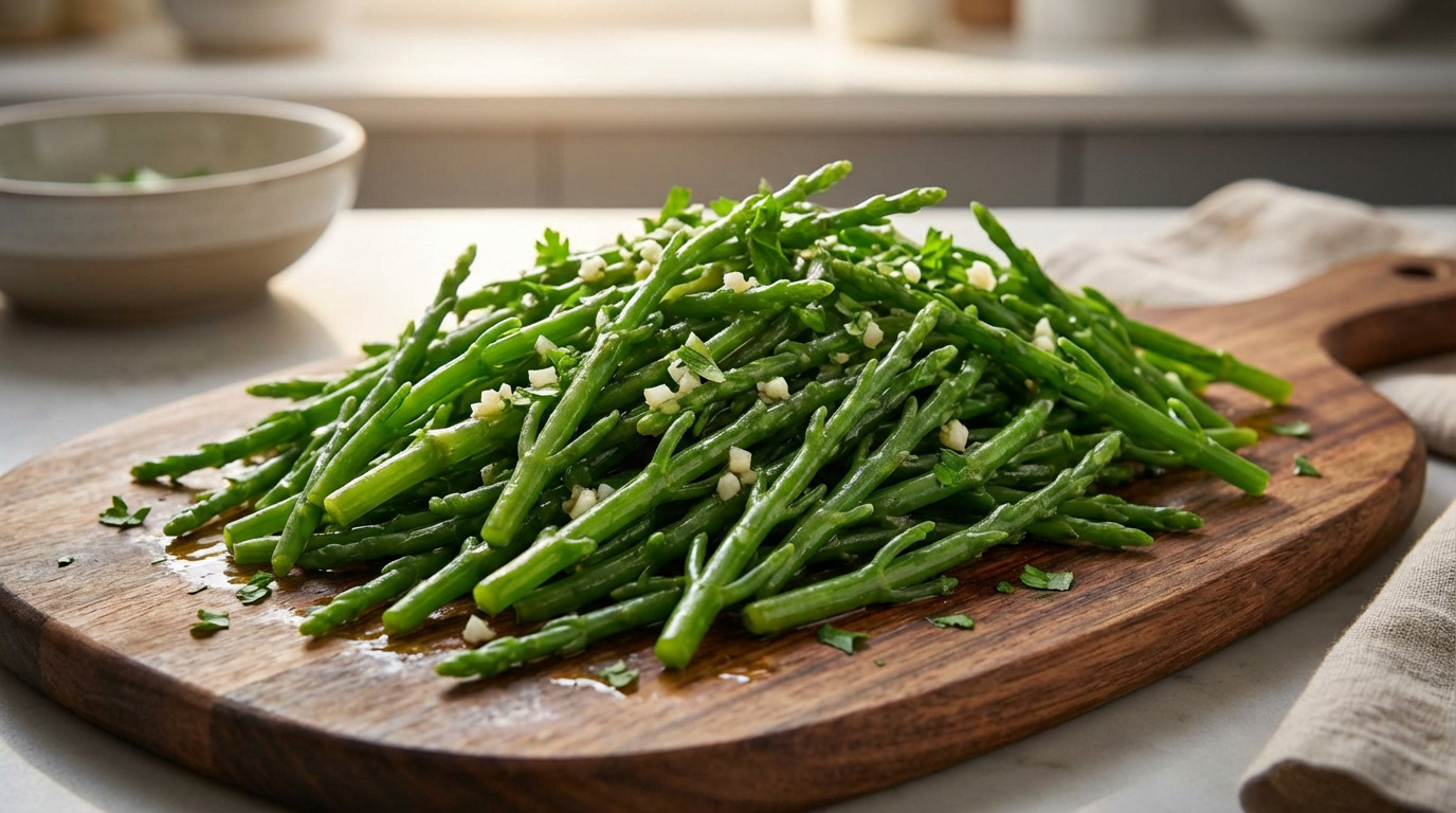Photo rapprochée de salicorne verte cuite, parsemée d'ail haché et de persil frais, servie sur une planche en bois foncé.