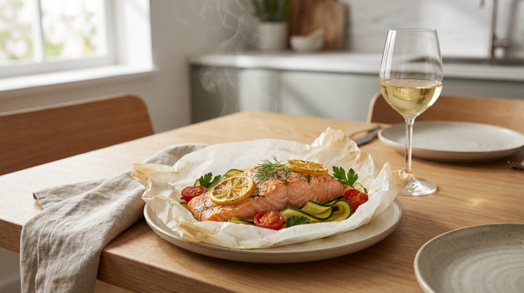 Un plat de saumon en papillote fumant, garni de citron et légumes frais, servi sur une table en bois avec un verre de vin blanc.