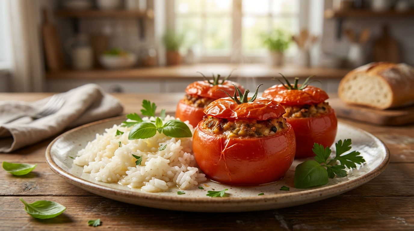 Trois tomates farcies fumantes, servies avec du riz blanc et des herbes fraîches, sur une table en bois rustique dans une cuisine lumineuse.
